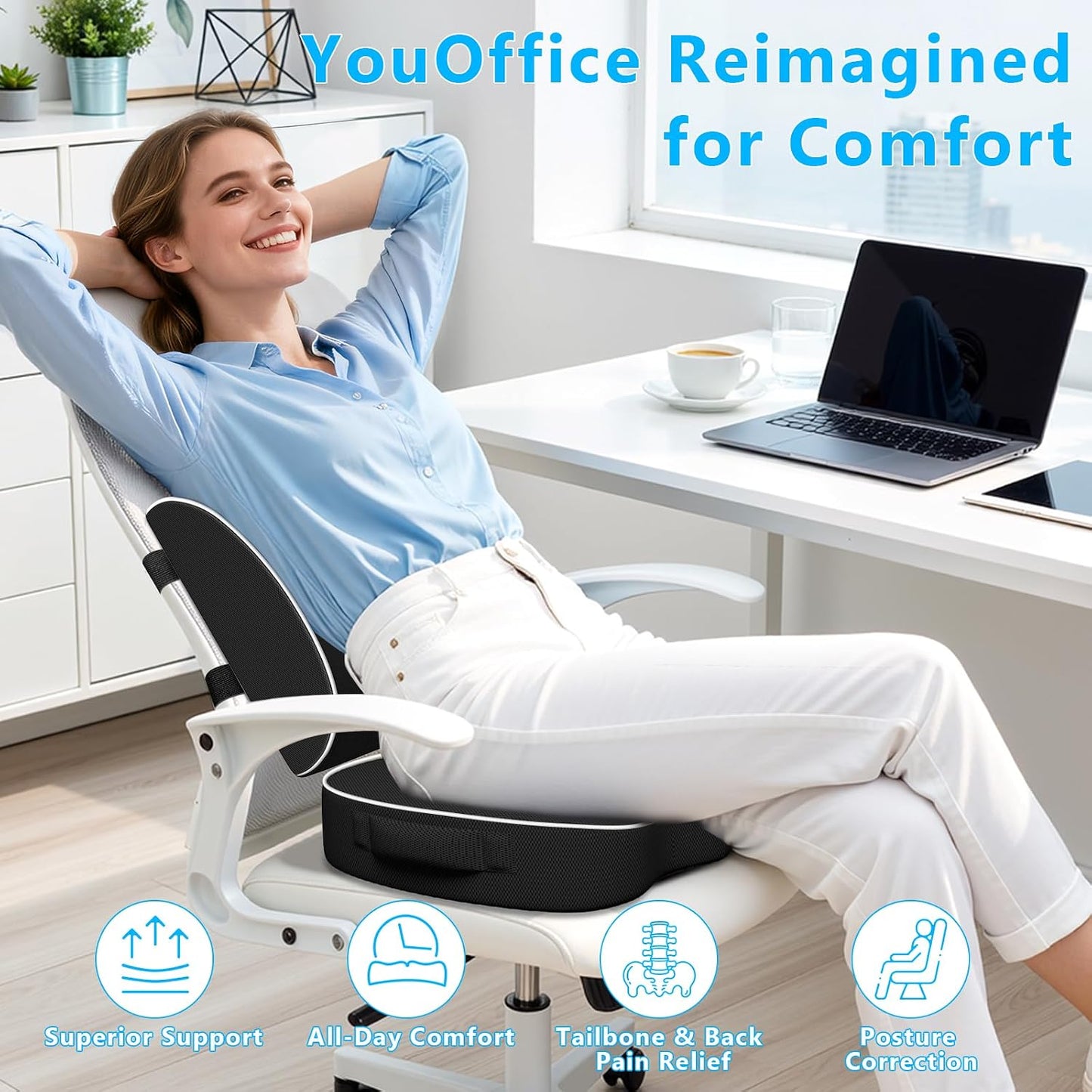 SweetSlubr Memory Foam Seat Cushion & Lumbar Support Pillow Set Black Large | U-shaped Cushion Design, Washable Mesh Cover, Adjustable Straps, Non-slip Base, Office Chair and Car Seat Use
