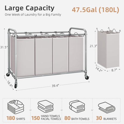 STORAGE MANIAC 3 Section Laundry Sorter, 35.6 Gal (135 L) Laundry Hamper Cart with Heavy Duty Rolling Lockable Wheels and Removable Bags, Clothes Organizer Basket Separator Hamper, Gray