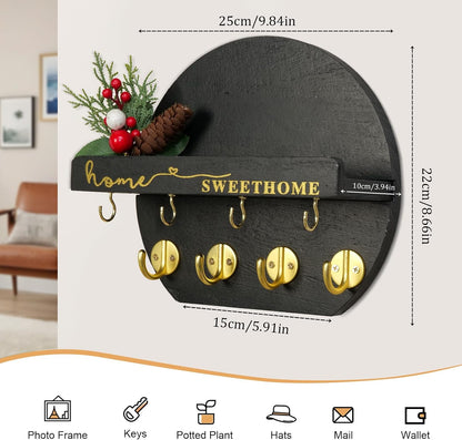 Key Holder for Wall, Key and Mail Holder Organizer - Key Holder Wall Mount with Bouquet Shelf and Key Hooks, Round Wooden Rustic Key Rack for Entryway and Home Decor (Black)