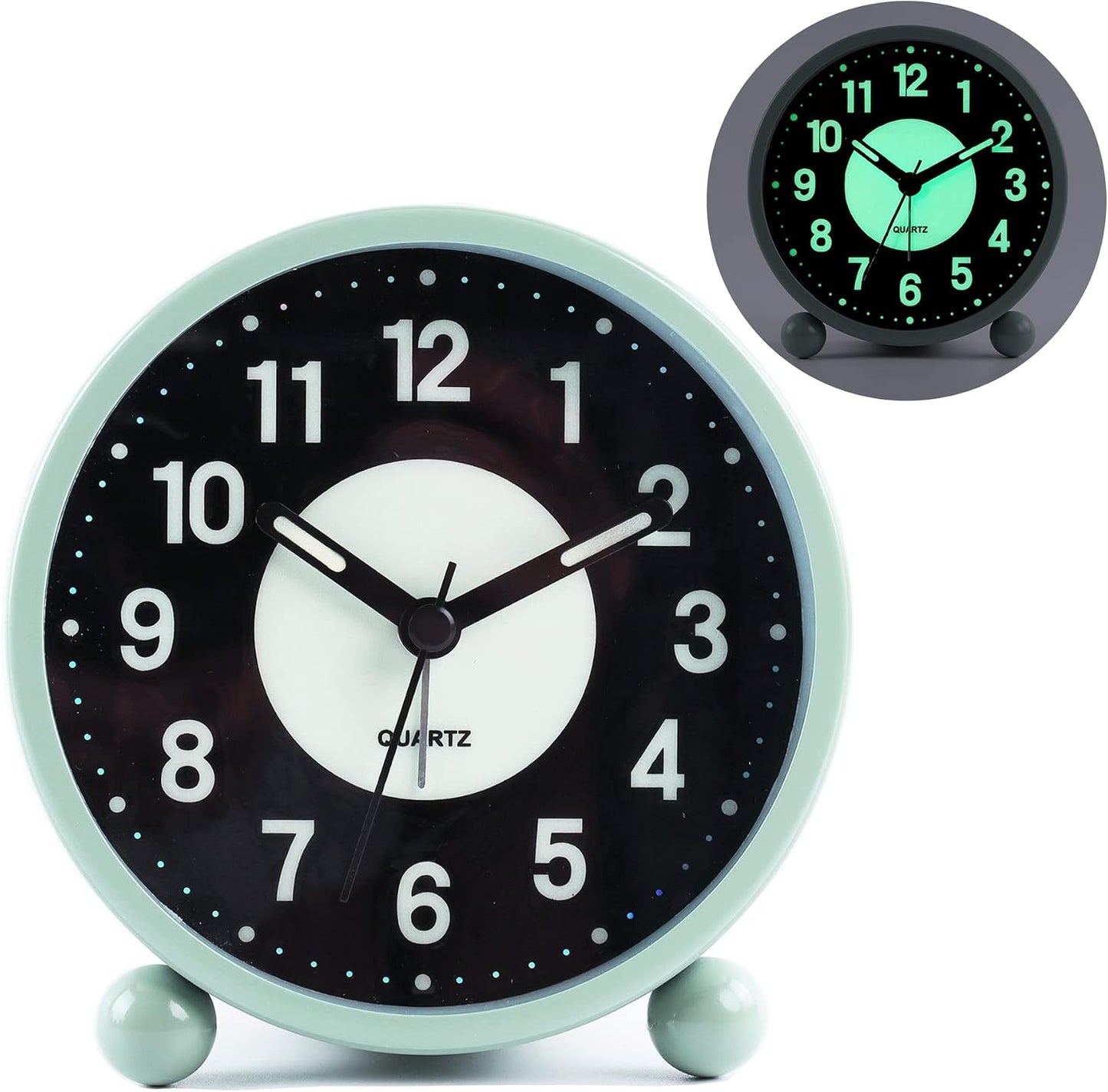 Alarm Clock Luminous 4 "Round Silent Analog Table Clock Non-Ticking, Battery Operated with Loud Alarm and Night Light Small Desk Clock for Bedroom, Bedside Table
