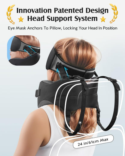 YFONG Travel Pillow with Head Support & Sleep Mask for Long Flights, Black | Patented 360° Support System, Prevents Bobbing, Airplane Head Strap, 3D Eye Mask, Memory Foam Neck Pillow, Travel Essential