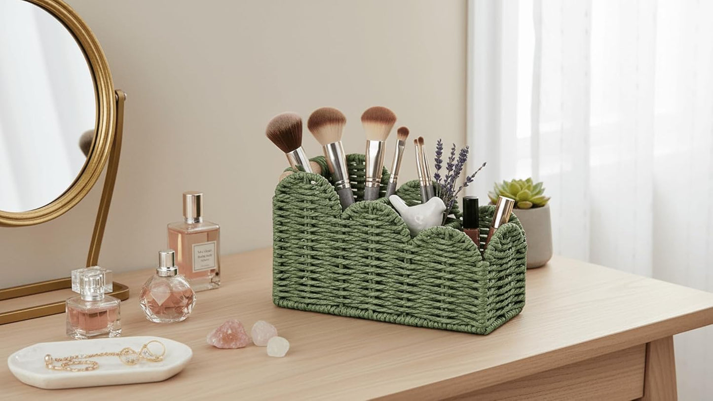 CubesLand Bedside Table Desk Organizer Caddy, Remote Pen&Pencil Holder Cup | Makeup Brush Holder w/Scalloped Perfect for Home, Office Desk, Living Room Table Decor, 3 Slots Neutral
