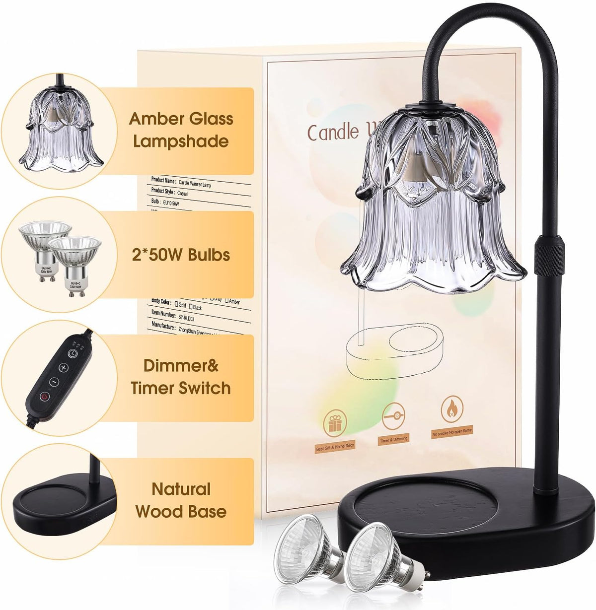 Candle Warmer Lamp Adjustable Timer - Electric Flower Glass Candles Light