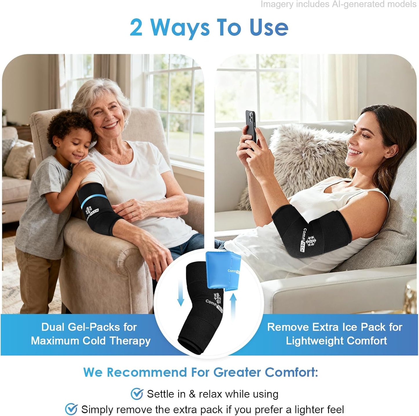 ComfiTECH Dual-Gel Elbow Ice Pack Wrap for Arm with 30-Min Cooling, L | Reusable Gel Forearm Brace for Tendonitis & Injuries, Cold Compression Sleeve for Pitchers, Tennis Elbow & Golfer Arm Relief