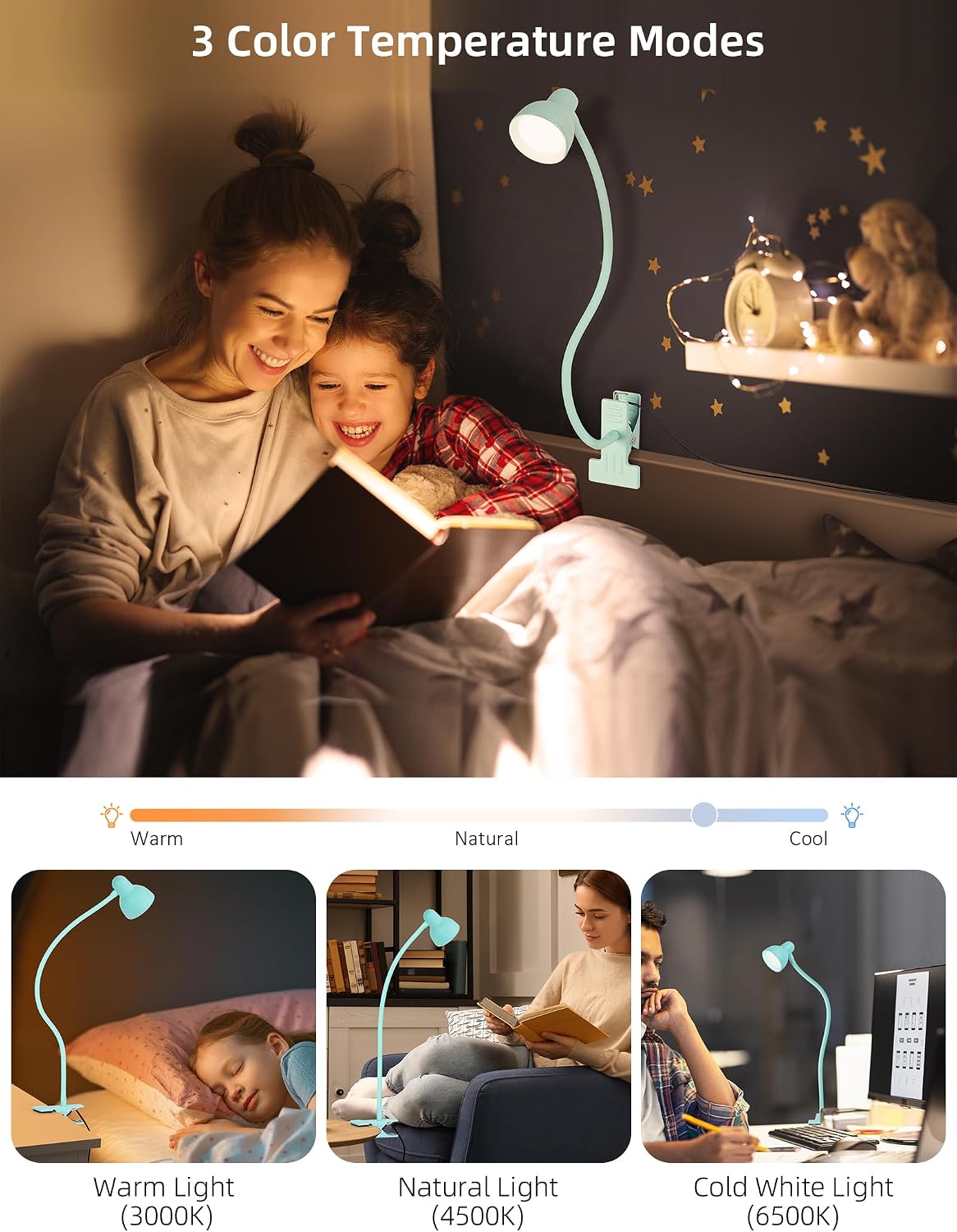 Clip on Reading Light for Bed 3 Color Modes Teal