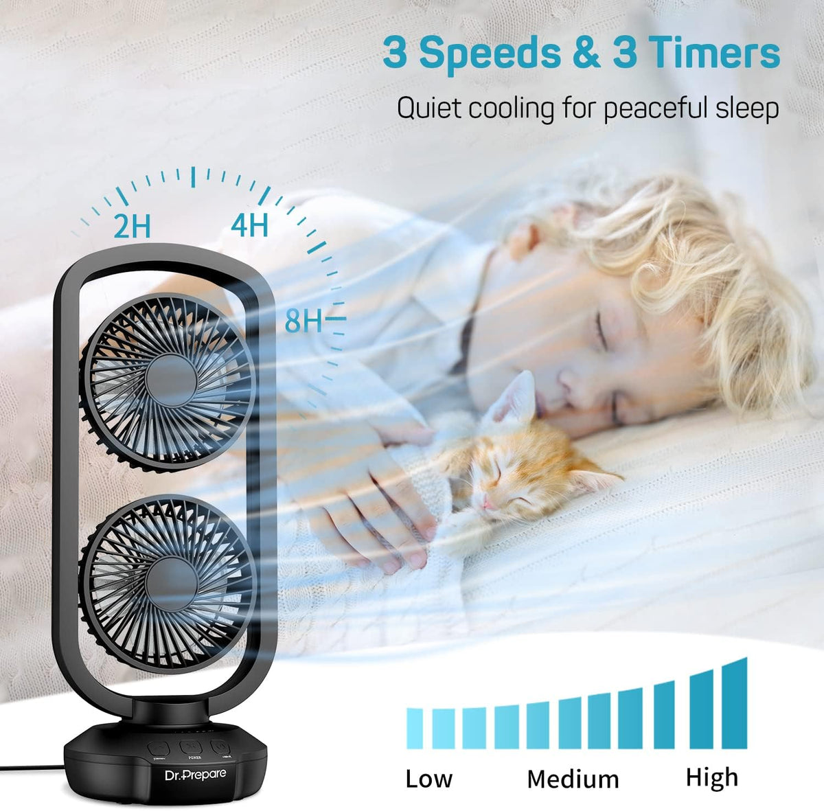 DR.PREPARE Small Tower Fan Oscillating Table Fans with 270° Tilt, 105° Oscillating, 3 Speeds and 3 Auto-Off Timer, Portable USB Powered Desk Fan for Bedroom Office Home Desk, Powerful Airflow 15 Inch