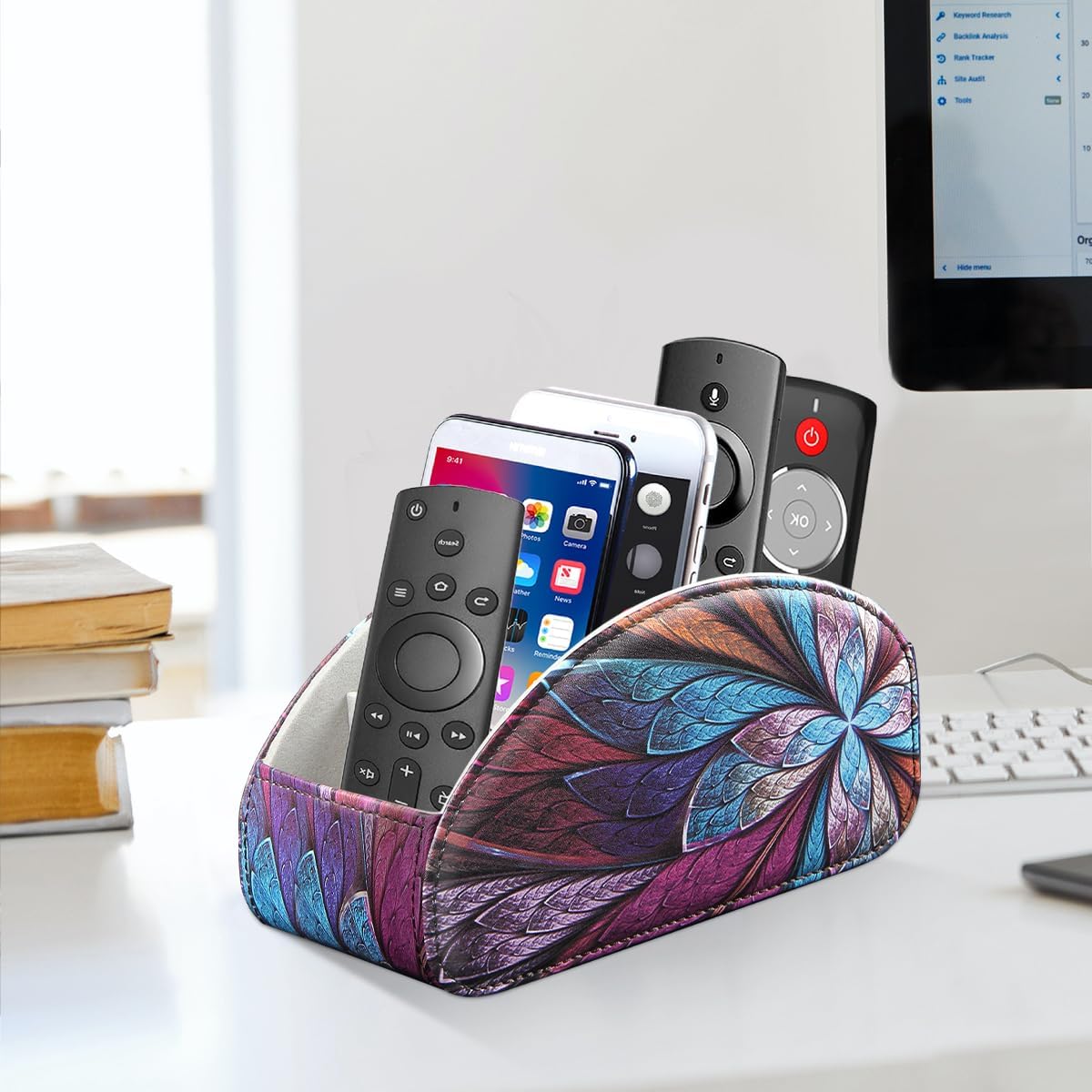 Pu Leather TV Remote Control Holder with 5 Compartments,Remote Caddy/Tray | Bedside Table Desk Storage Box/Organizer for Pen,DVD,Blu-Ray,Media Player,Heater Controller,Cosmetics,Glasses,Office Supplies