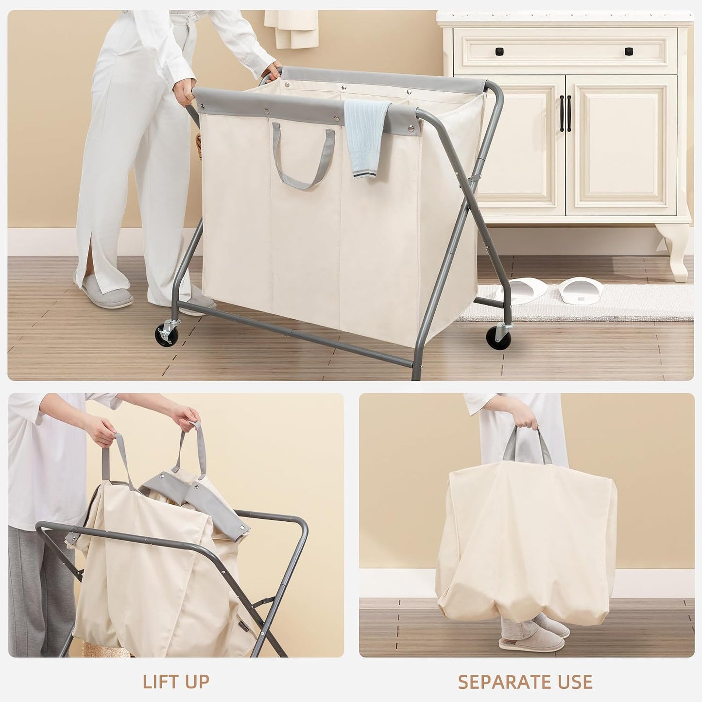 STORAGE MANIAC 160L Collapsible Laundry Hamper with Wheels, Rolling Laundry Basket, Heavy Duty Cloth Sorter with Removable Bag, Folding X Frame Clothes Organizer Cart for Easy to Store, 3 Section