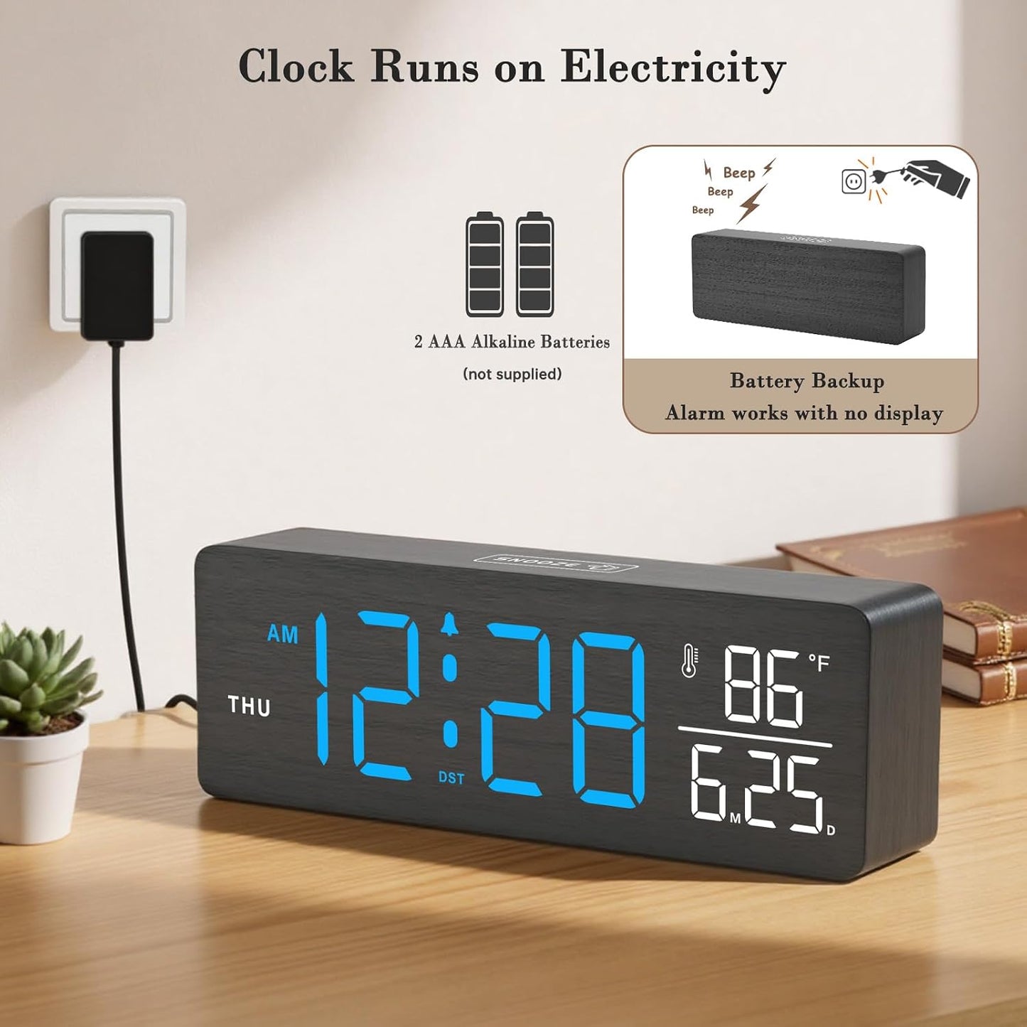 DreamSky Wooden Digital Alarm Clock for Bedroom with Large Numbers | Desk Clock for Living Room Office, Loud Alarm for Heavy Sleepers Adults, Volume Control, Dimmer, DST, Wood Decor (Plug-in)