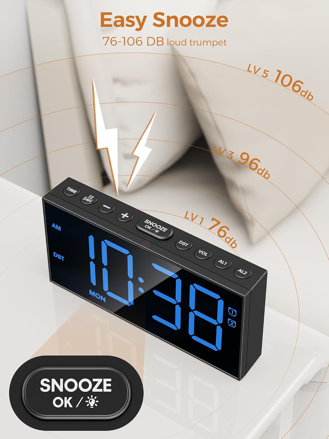 Vibrating Alarm Clock for Heavy Sleepers with Bed Shaker, 116dB Dual Alarms