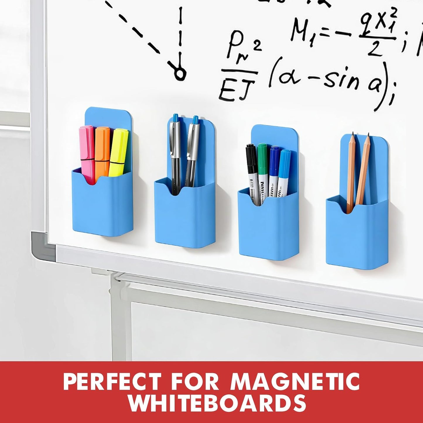 BEYGORM Magnetic Pen Holder for Refrigerator, Pencil Cup Organizer (Black) | Upgraded 1.5mm thick magnetic backing for whiteboards, lockers & fridge; 4 Pcs dry erase marker holder for classroom & office