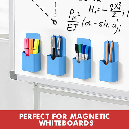 BEYGORM Magnetic Pen Holder for Refrigerator, Pencil Cup Organizer (Black) | Upgraded 1.5mm thick magnetic backing for whiteboards, lockers & fridge; 4 Pcs dry erase marker holder for classroom & office