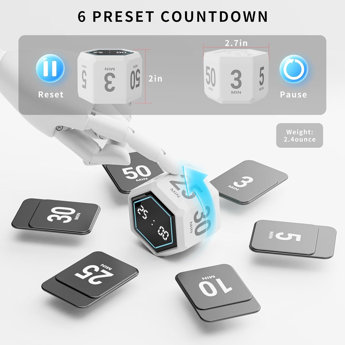 Visual Cube Timer with Visual Countdown, 5 & 25 Min Presets | 6 preset times (25, 5, 3, 10, 30 & 50 min), silent, vibration and sound alerts for study, work and classroom use