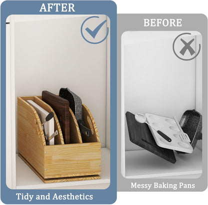 Pull Out Cookie Sheet Organizer for Cabinet, 10.5"W X 21"D X 10.6"H | Wooden, Cutting Board Organizer Rack, Vertical Tray Dividers, For Storage Pans, Baking Tray