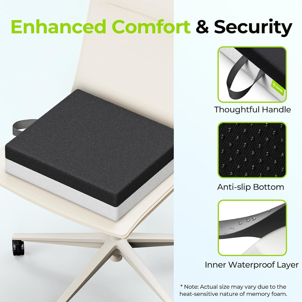 AUVON Ventilation Seat Cushion with Innovation Heat Dissipation Design, Wheelchair Cushion with Supportive Memory Foam, Waterproof & Anti-Slip Cover, Improve & Tailbone Comfort (Black, X-Large)