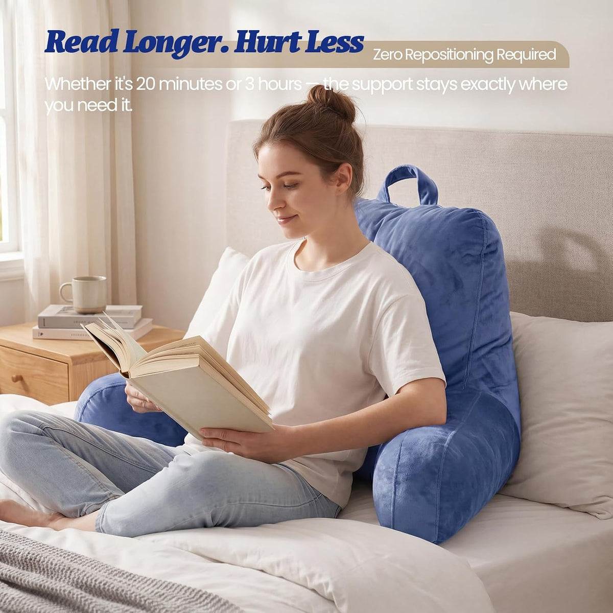 ACH Reading Pillow with Arms for Adults - Adjustable Memory Foam Bed Rest Pillow, Lumbar & Neck Back Support, Soft Velvet Cover Machine Washable, Deep Side Pocket & Carry Handle, Grey