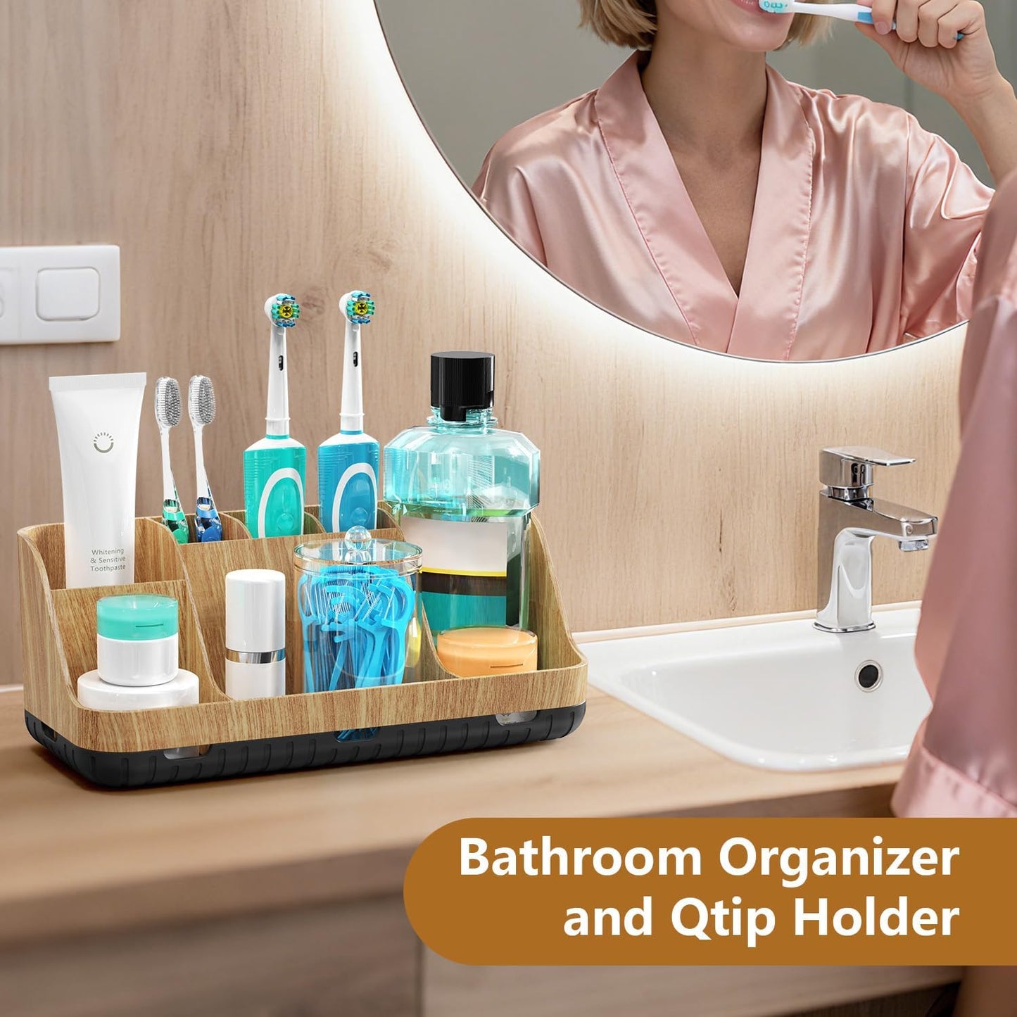 GFWARE Black Toothbrush Holder - 7 Slots Bathroom Organizer Countertop with Drainage Matte Black Electric Toothbrush and Toothpaste Holder for Bathroom Accessories Sink Storage