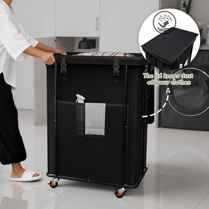 Laundry Hamper with Wheels, 150L Rolling Laundry Basket with Bag & Handles | Sturdy Metal Frame | Removable Bag | Large & Tall Dirty Clothes Hampers for Laundry Room, Bedroom, Dorm, Bathroom-Black