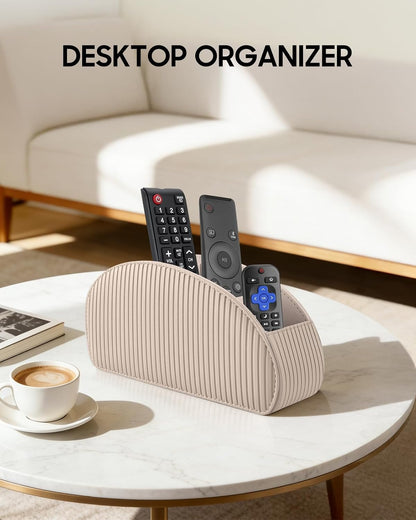 SITHON Remote Control Holder with 5 Compartments | PU Leather Remote Caddy Desktop Organizer Store TV, DVD, Blu-Ray, Media Player, Heater Controllers, Stripe Black