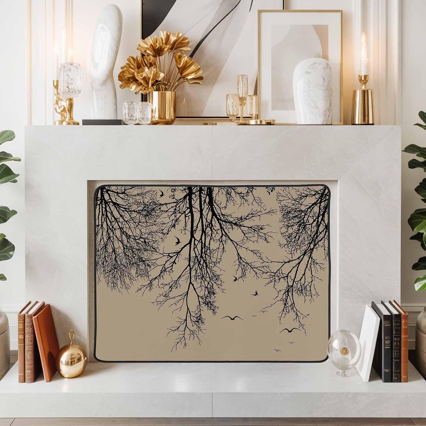 Magnetic Fireplace Cover Tree Branches Bird Fireplace Screen Decorative Brown Black Twigs Deadwood Insulation Fireplace Blocker Save Energy Fireplace Draft Stopper Covers for Living Room 45x34 Inch