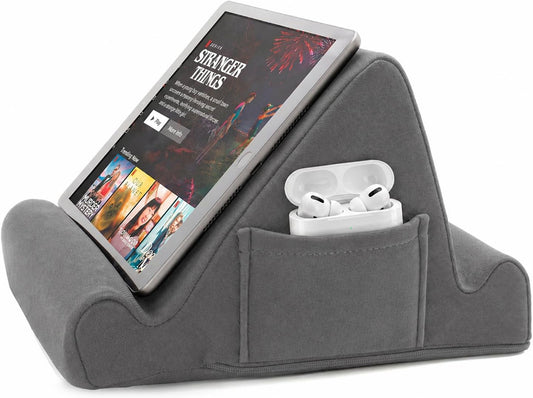 Brookstone Tablet Lap Cushion - Tablet/Phone/Ebook Holder for Bed, Flights, and Travel, Memory Foam Lap Desk for Reading and Hands Free Viewing, Compatible iPad and Kindle Accessories, Grey