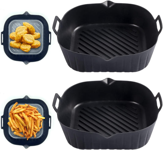 2 Pack Air Fryer Liners,8 Inch Silicone Airfryer Liners,Air Fryer Accessories,Reusable Baking Tray Oven Accessories,Replacement of Flammable Parchment Paper (Red Blue) (Black&Red&Blue)