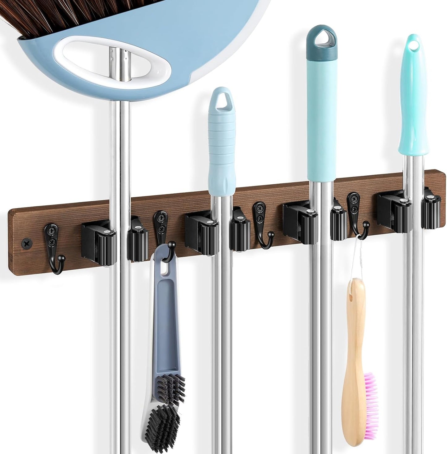White Broom Holder Wall Mount - Heavy Duty Wood Mop and Broom Organizer with 5 Slots & 4 Hooks - Garden Tool Hanger for Laundry Room Closet Kitchen Garage Storage and Organization - Modern Home Decor