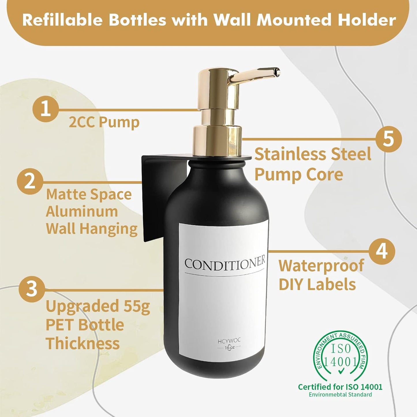 3 Pack Wall Mount Shower Dispenser, No Drill, 16 Waterproof Labels | Shampoo Dispenser for Shower Wall, Shampoo and Conditioner Dispenser, Bathroom, 17oz, Gold Amber