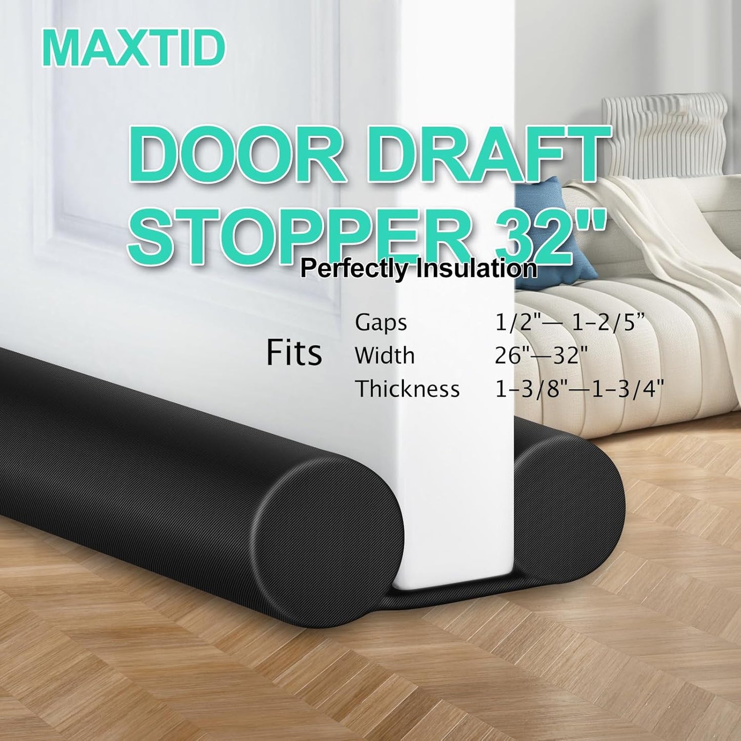 MAXTID Under Door Draft Stopper for Bottom of Doors 38" Black | Door Blocker Noise Reduce Light Cold Air Guard Breeze Sound Proof Door Sweep Door Seal Insulation Strip Gap Filler
