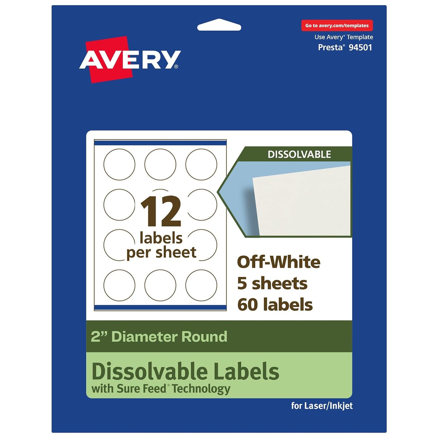 Avery Dissolvable Round Labels, Sure Feed Technology, 2" Diameter, Matte White, Print-to-The-Edge, Laser/Inkjet Printable, 60 Labels Total