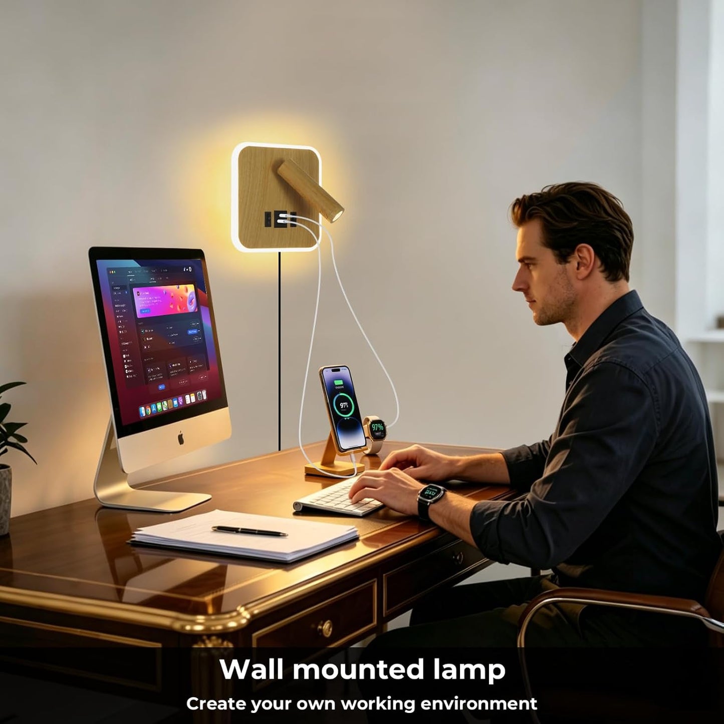 Plug in Wall Sconce with Wall Mounted Reading Lights with Switch | Wall Lamp for Bedroom with Charging Station USB C+A Ports,Bunk Bed Lights with 3W+9W Night Light,Walnut Color Reading Light