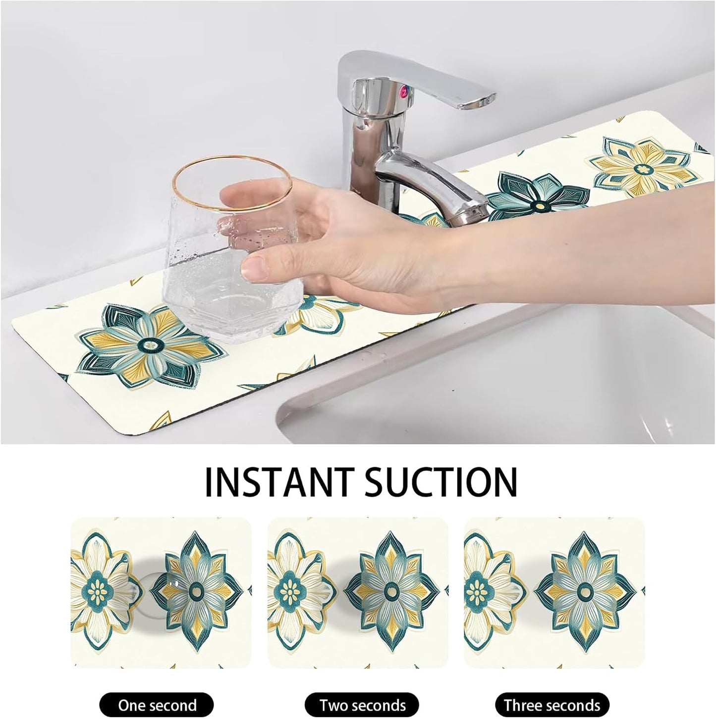 Bimkole 2 PCS Faucet Absorbent Mat, Kitchen Faucet Sink Splash Guard Wraparound Cloth Pads Drip Catcher for Sink Faucet for Kitchen Bathroom Faucet, Colorful Faucet Mat, 15 x 4 Inch Flower A6