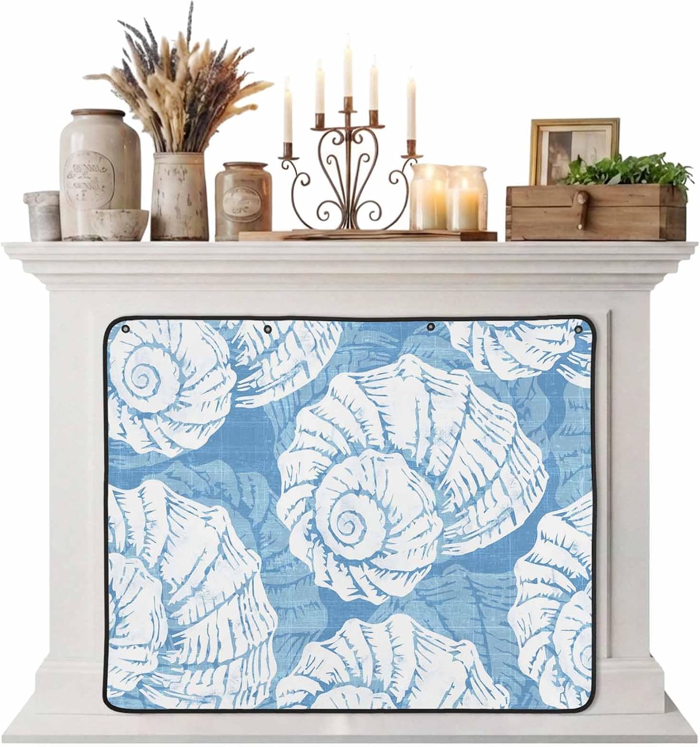Magnetic Fireplace Cover Navy Blue Coastal Shells Fireplace Screen Decorative Ocean Conch Marine Life Insulation Fireplace Blocker Save Energy Fireplace Draft Stopper Covers for Living Room 36x30 Inch