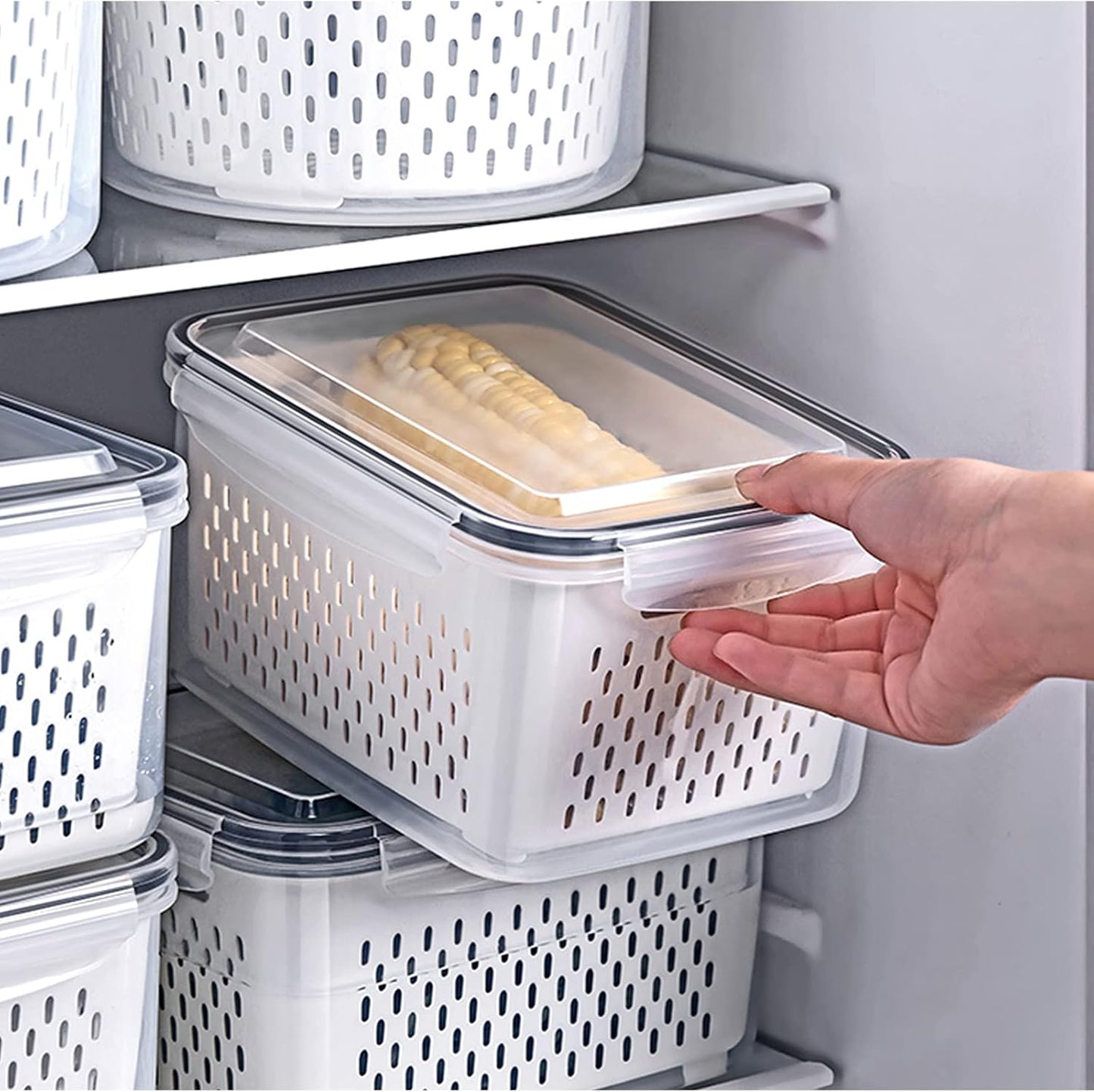 3Pack Fridge Food Storage Container Set with Lids with Strainer, Fruit Vegetable Storage Containers Keep Fruits, Vegetables, Berry, Meat Fresh longer, BPA-Free Plastic Produce Keepers