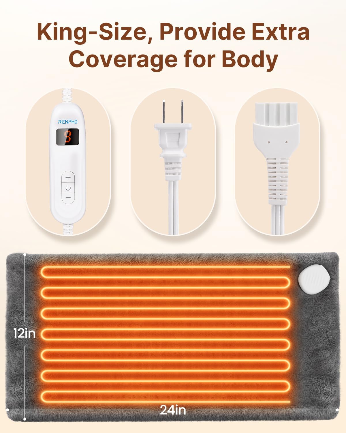 RENPHO Electric Heating Pad for Back with 10 Heat Levels, FSA Eligible HSA | Fit for Neck, Shoulder, Knee, Arm & Leg, Birthday Gift for Women, Men, Mom & Dad, HSA Approved, ETL Certified, 12 x 24", Gray