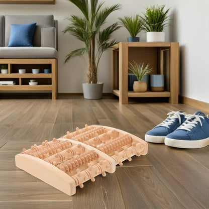 Wooden Foot Massager Roller for Plantar Fasciitis Relief, 5-Row Acupressure Muscle Roller, Portable Foot and Calf Reflexology Massage Tool for Deep Tissue Relaxation