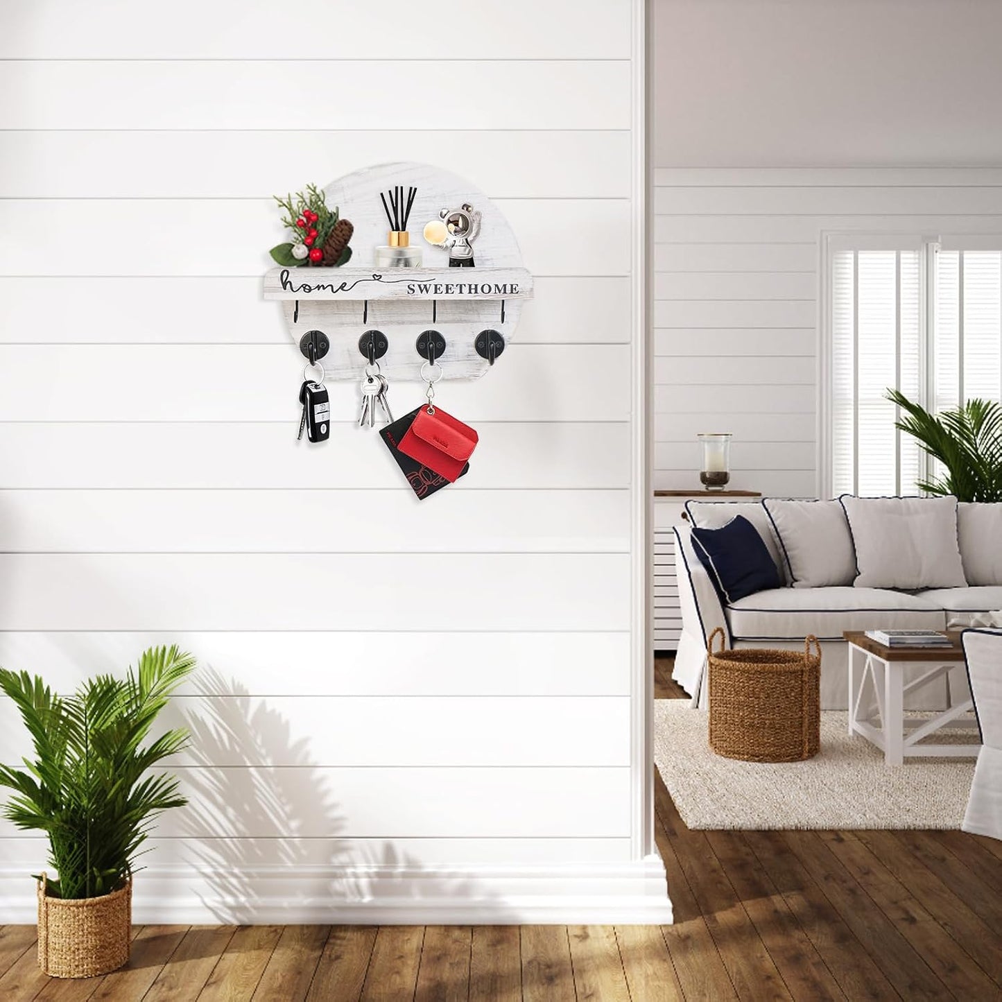 Key Holder for Wall, Key and Mail Holder Organizer - Key Holder Wall Mount with Bouquet Shelf and Key Hooks, Round Wooden Rustic Key Rack for Entryway and Home Decor (Black)