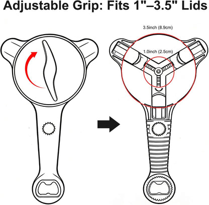 Jar Opener for Seniors, 4-in-1 Adjustable Lid Opener with Non-Slip Grip, Includes Magnetic Hook & Rubber Gripper, Suitable for Jars, Bottles and Beer Caps, Perfect for Arthritis and Weak Hands