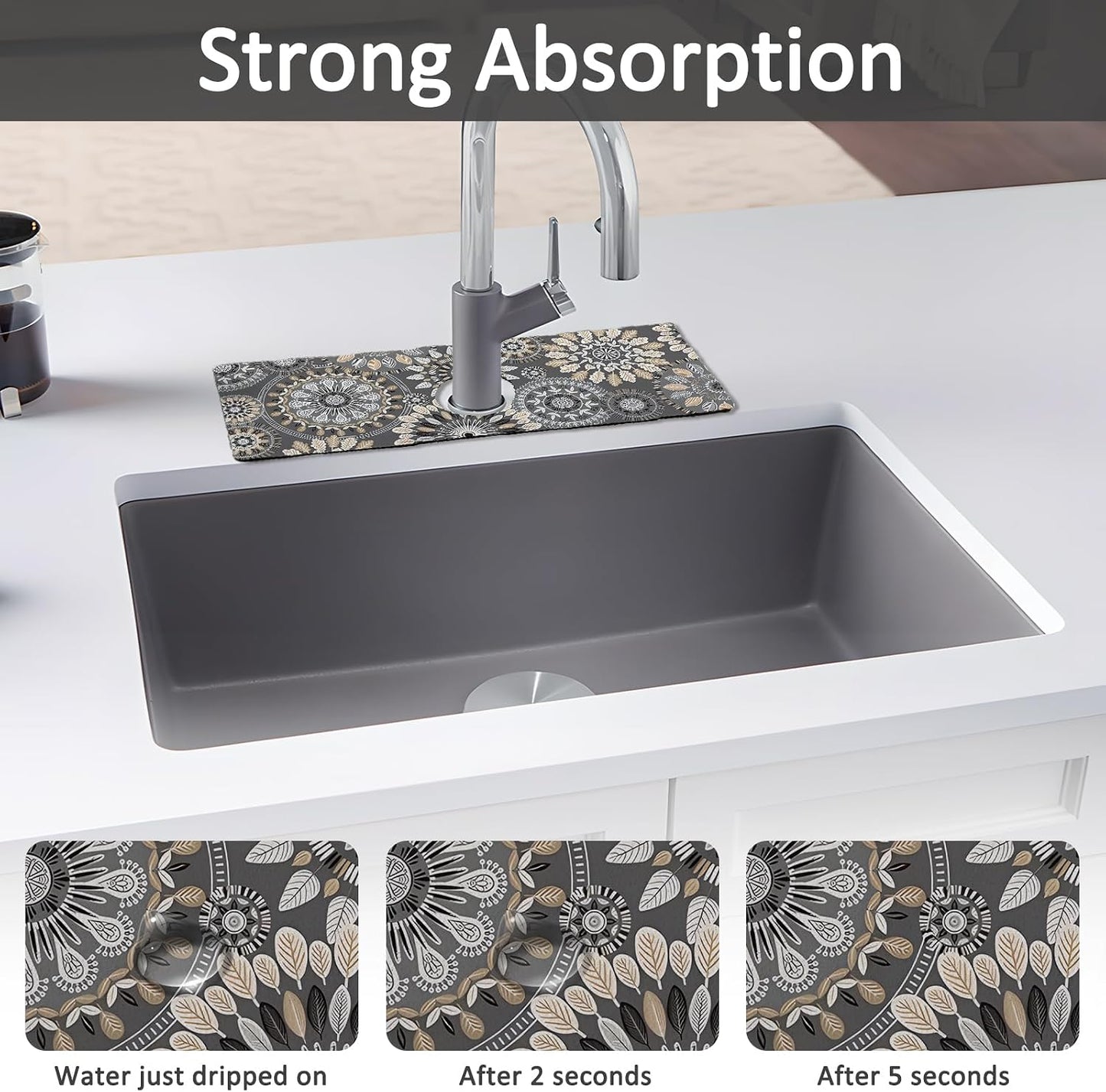 24" X 5.5" Kitchen Sink Splash Guard Faucet Mat Mandala Super Absorbent Fast Drying Faucet Guard & Draining Mat Sink Splash Guard Behind Faucet for Kitchen, Bathroom