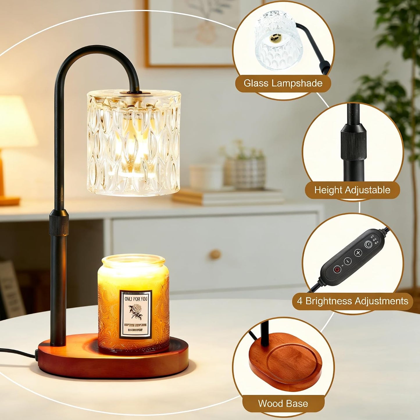 Dreamholder Electric Candle Warmer Lamp with Timer, Dimmable Candle Lamp with Adjustable Height, Wax Melter for Jar Candles Wood Base Floral Home Decor Gifts for Women Mom, Silver Glass