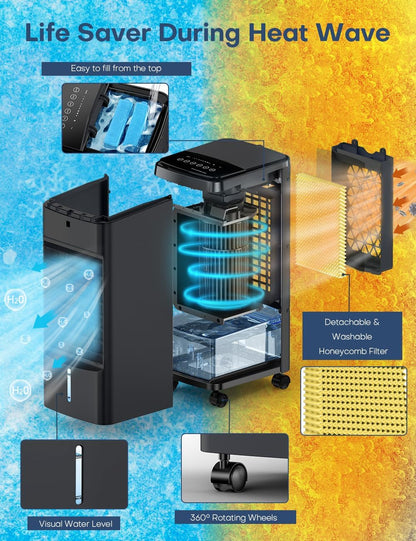 Portable Air Conditioners 4 Modes&3 Speeds,4 Ice Packs, Waterless Alert System, 12H Timer, Remote,1 Gal Detachable Water Tank, 70°Oscillation Windowless Evaporative Air Cooler for Room Office