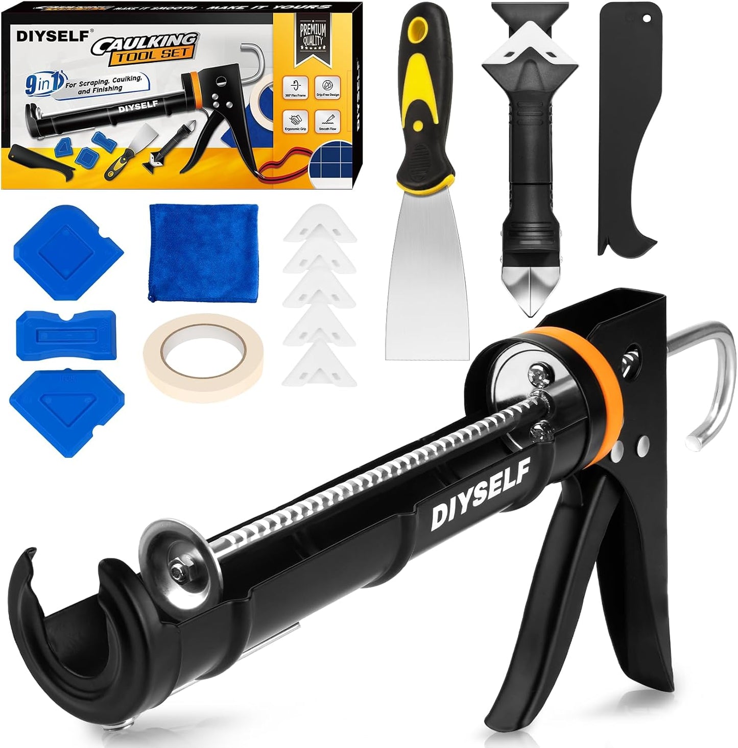 DIYSELF 9 Pack Caulk Gun Kit, Professional Caulking Gun & Remover Tools | Sealant Finishing Tool, Grout Scraper & Silicone Gun for Bathroom, Kitchen, Window, Sink & Tile Sealing, Hand Caulking Gun