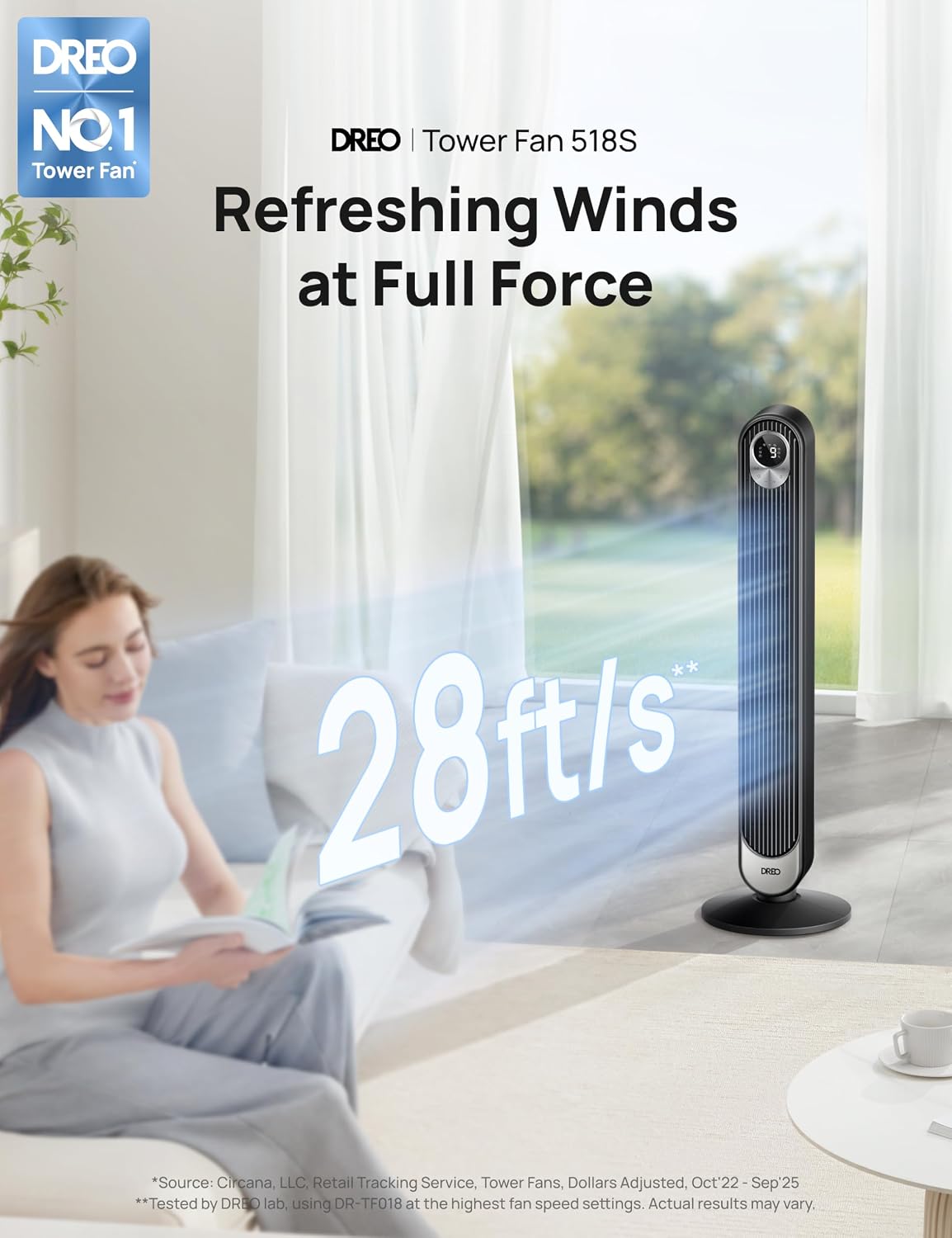 DREO Tower Fan for Bedroom, Upgraded 20dB Quiet Fans that Blow Cold Air | 28ft/s High Velocity, 9 Speeds, 4 Modes, 12H Timer, 90° Oscillating Cooling Standing Fan for Indoor Home Office, 42 inch