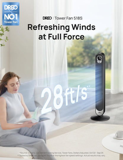 DREO Tower Fan for Bedroom, Upgraded 20dB Quiet Fans that Blow Cold Air | 28ft/s High Velocity, 9 Speeds, 4 Modes, 12H Timer, 90° Oscillating Cooling Standing Fan for Indoor Home Office, 42 inch