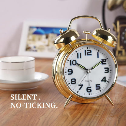 Super Loud Alarm Clock For heavy sleepers,4 inches Twin Bell Alarm Clock with Backlight,Battery Operated,Silent Non Ticking,For Kids,Adults,Bedrooms,Retro decor Desk Analog Clocks.. (Noctilucent)
