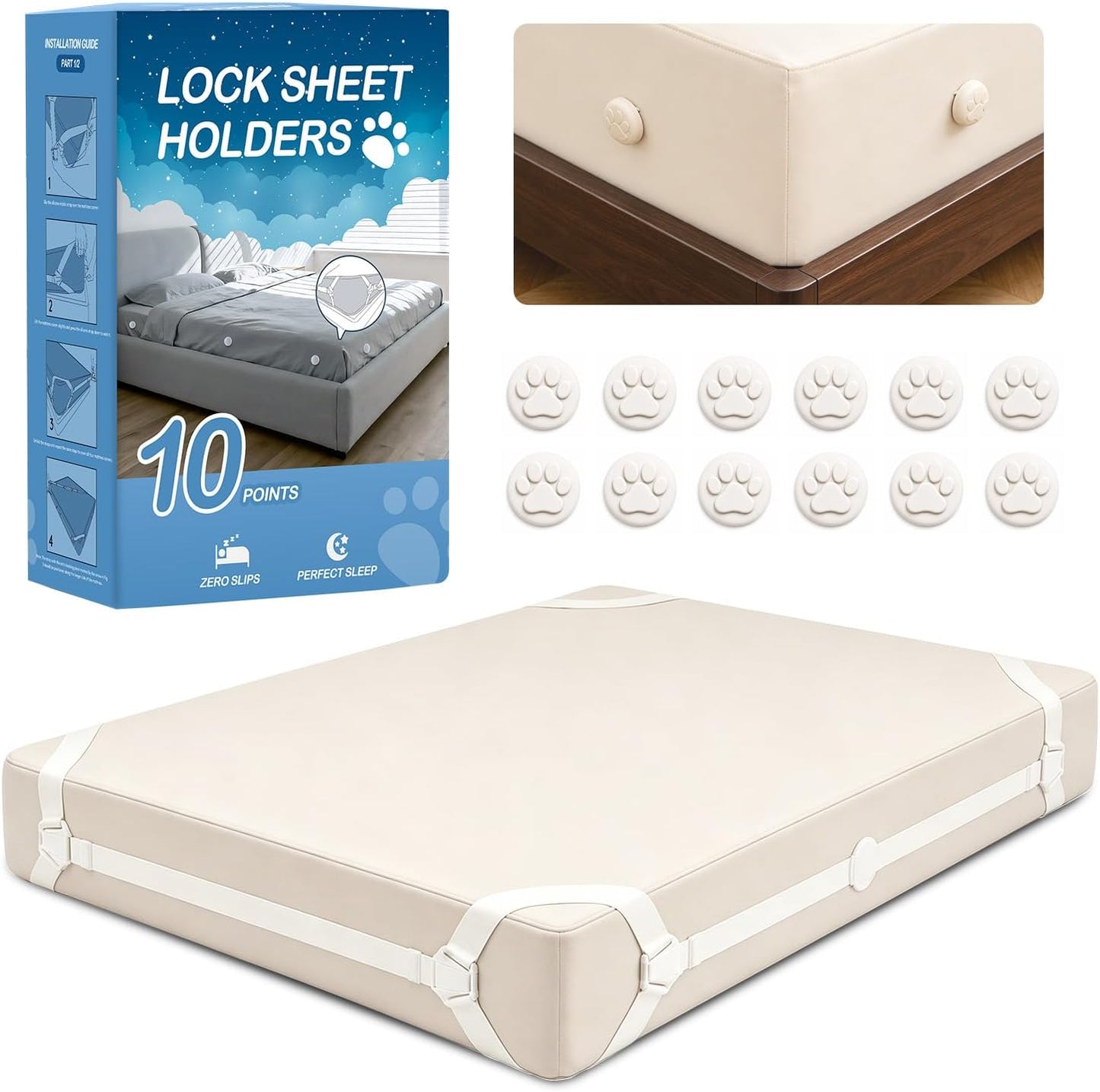 Bed Sheet Holders for Corners: 10 Clips with Side-Edge Locks (Not Just 4 Corners), One-Piece Bed Sheet Straps, No Metal & Anti-Slip, Heavy Duty Fitted Sheet Holder (Twin＆Full Style: 5-8in)