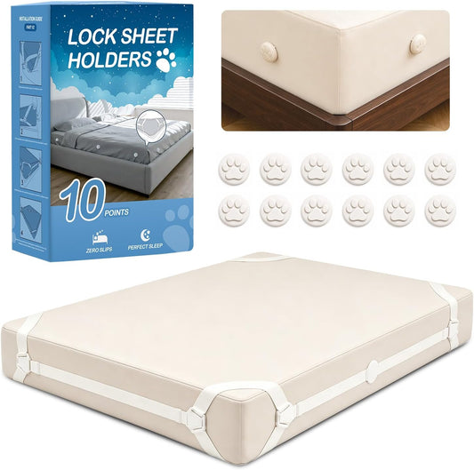 Bed Sheet Holders for Corners: 10 Clips with Side-Edge Locks (Not Just 4 Corners), One-Piece Bed Sheet Straps, No Metal & Anti-Slip, Heavy Duty Fitted Sheet Holder (Twin＆Full Style: 5-8in)