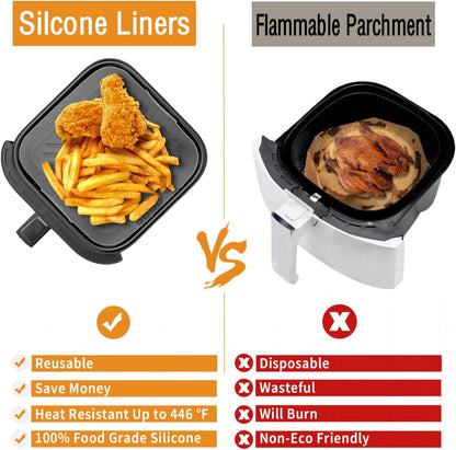 LYHOLKEER Air Fryer Silicone Liners for COSORI Air Fryer 9-in-1 5QT 5.8QT 6QT 6.8QT,2 Pcs Reusable Square Airfryer Liners for Ninja/Instant Pot Vortex Plus/Paris Hilton/Chefman/Cuisinart/Gourmia 6QT