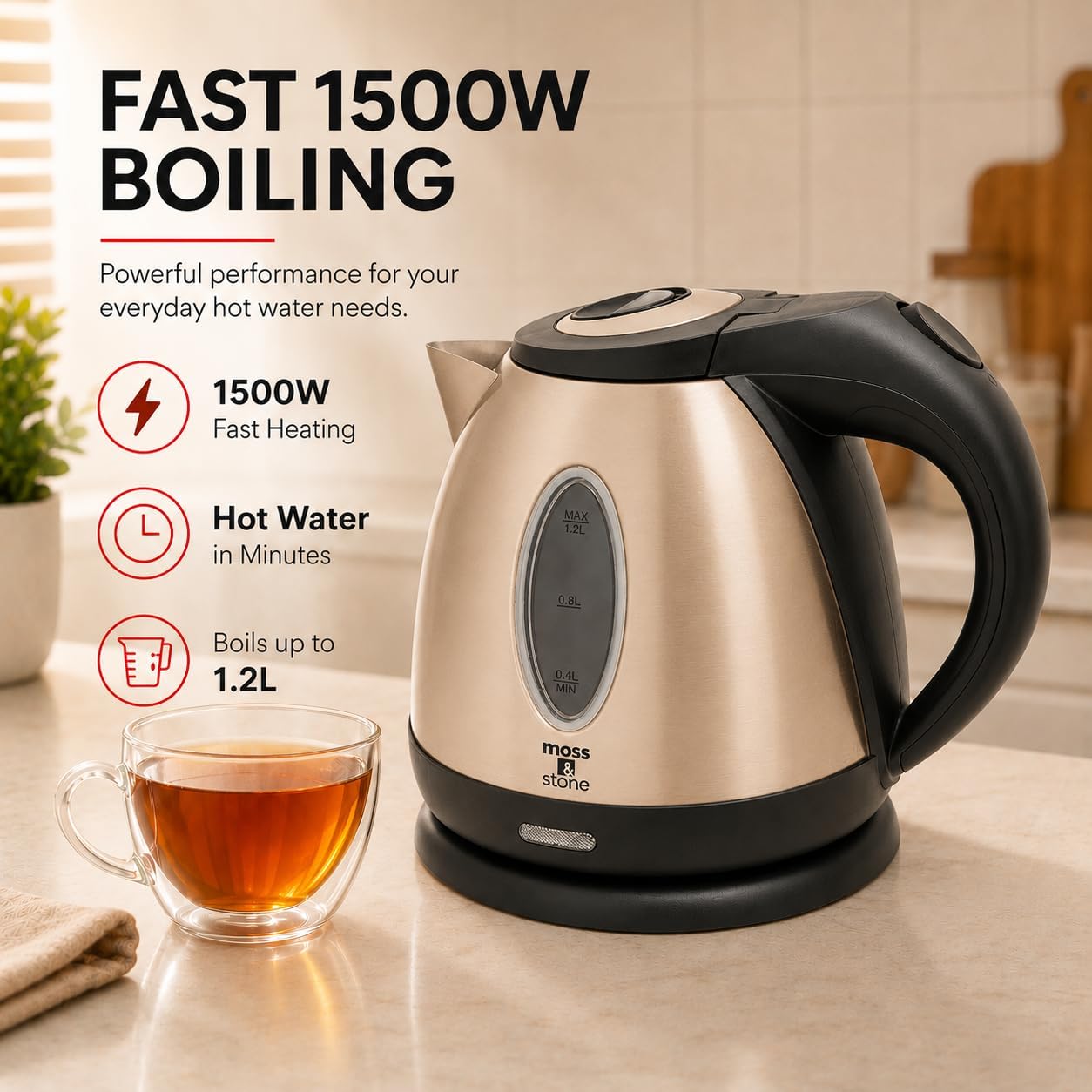 Moss & Stone Red Stainless Steel Electric Kettle, 1.2L Cordless 1500W | Small, portable hot water tea kettle, fast boiling pot, boil-dry protection, auto shut-off, blue Illuminate LED light
