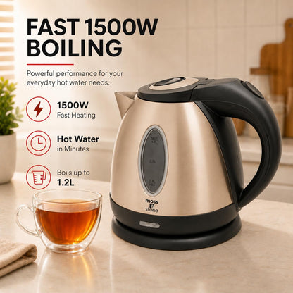 Moss & Stone Red Stainless Steel Electric Kettle, 1.2L Cordless 1500W | Small, portable hot water tea kettle, fast boiling pot, boil-dry protection, auto shut-off, blue Illuminate LED light